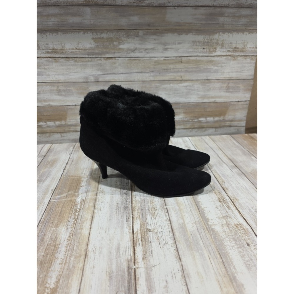 Kickerino 9.5‎ Black Faux Fur Trim Suede Kitten Heel Ankle Boots Pointed Toe 60s
